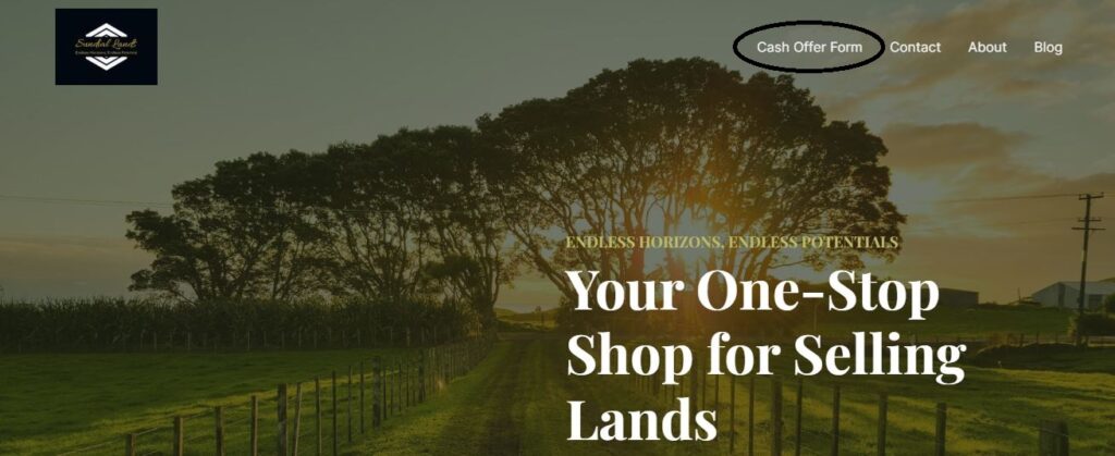 Cash offer form location on Sundial Lands Home Page